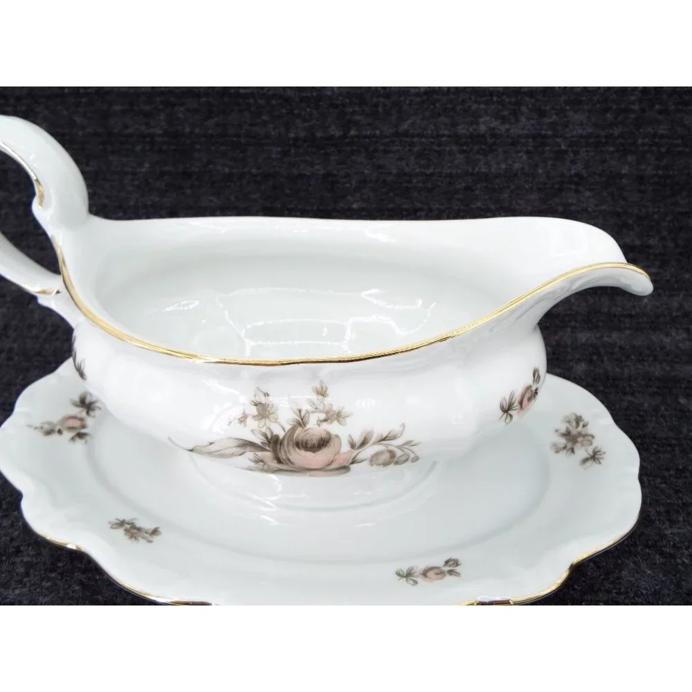 Johann Haviland Sepia Rose Gravy Boat Attached Underplate Bavaria Germany